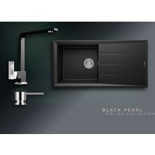 Real Stone Black Pearl 100x50 cm Geniş Hazneli Damlalıklı Granit Evye ve L Kuğu Batarya Seti