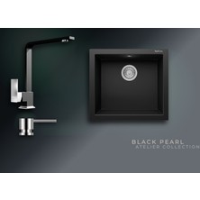 Real Stone Black Pearl 52x47 cm Tek Gözlü Granit Evye ve L Kuğu Batarya Seti