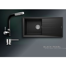 Real Stone Black Pearl 100x50 cm Geniş Hazneli Damlalıklı Granit Evye ve Spiralli Batarya Seti