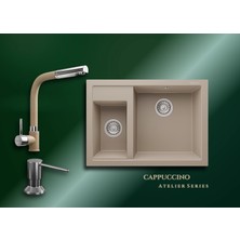 Real Stone Cappuccino Atelier 70x50 cm Çift Gözlü Granit Evye ve Tek Gövdeli Batarya Seti