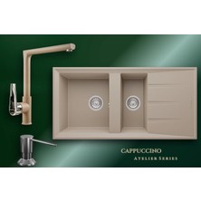 Real Stone Cappuccino Atelier 100x50 cm Çift Gözlü Damlalıklı Granit Evye ve Tek Gövdeli Batarya Seti