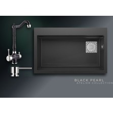 Real Stone Black Pearl 75,5x47 cm Tek Gözlü Granit Evye ve Arıtma Çıkışlı Rustik Batarya Seti