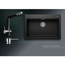 Real Stone Black Pearl 77x53 cm Tek Gözlü Granit Evye ve Arıtma Çıkışlı Batarya Seti