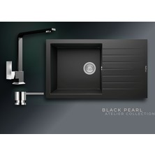 Real Stone Black Pearl 86x50 cm Damlalıklı Tek Gözlü Granit Evye ve L Kuğu Batarya Seti