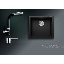 Real Stone Black Pearl 52x47 cm Tek Gözlü Granit Evye ve Spiralli Batarya Seti