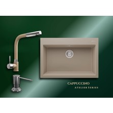 Real Stone Cappuccino Atelier 77x53 cm Tek Gözlü Granit Evye ve Spiralli Batarya Seti
