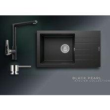 Real Stone Black Pearl 76x43,5 cm Damlalıklı Tek Gözlü Granit Evye ve Tek Gövdeli Batarya Seti