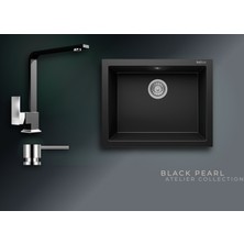 Real Stone Black Pearl 60x47,5 cm Tek Gözlü Granit Evye ve L Kuğu Batarya Seti