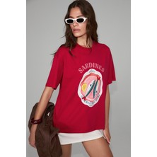 Grimelange Kadın Oversize Kırmızı T-Shirt %100 Organik Pamuklu Günlük Stil Kısa Kol