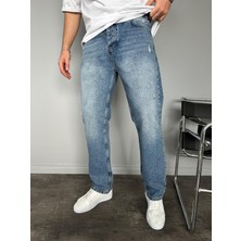 KağanKY Koyu Lacivert Yıkamalı Yırtıklı Mavi Baggy Jean