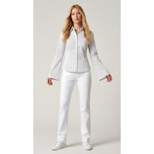 Bellea Collection Ispanyol Kol Belde Oturan Vücudu Saran Slim Fit Kadın Gömlek Beyaz Siyah