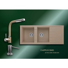 Real Stone Cappuccino Atelier 116x50 cm Çift Gözlü Damlalıklı Granit Evye ve Spiralli Batarya Seti
