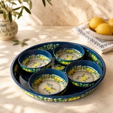 Sarkap Home 26 cm Lemon Design Lacivert Meyve Tabağı ve 4'lü Çerezlik Seti