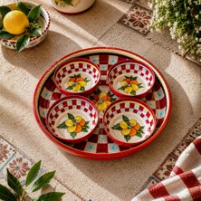 Sarkap Home 26 cm Lemon Design Kırmızı Meyve Tabağı ve 4'lü Çerezlik Seti