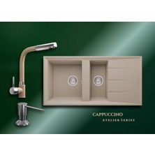 Real Stone Cappuccino Atelier 100x50 cm Çift Gözlü Damlalıklı Granit Evye ve Spiralli Batarya Seti