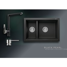 Real Stone Black Pearl 70x46 cm Çift Gözlü Granit Evye ve Tek Gövdeli Batarya Seti