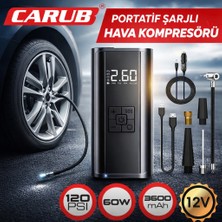 Carub Hava Kompresörü 3600MAH PowerBank 60W 120PSI Hava Pompası Araç Lastik, Bisiklet, Top Şişirme Oto Hava Kompresörü