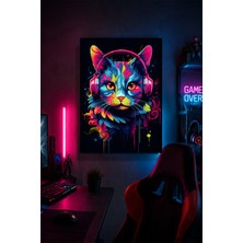 Lucena Kulaklıklı Kedi Metal Duvar Tablosu Neon Gamer Oda Dekoru 15X20 cm A5 Boyutunda