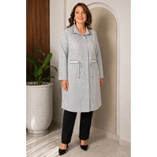 Bihan Store Kadın Çizgili  Yaka Taş Işlemeli Uzun Tunik Gömlek 62181-SIYAH