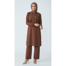Ece Giyim Kadın Önden Yarım Düğmeli Kolları Lastikli  Pantolon Beli Lastikli Ayrobin Takım