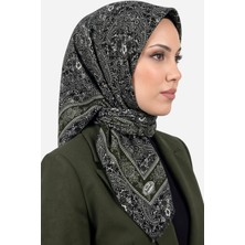 Hadiora Kadın Haki Beyaz Otantik Şal Desenli Flamlı Dimi Eşarp