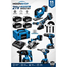 Moonshop 21V DX-1079 Usta Seti 11 Parça Bl Motor Darbeli Matkap Avuç Taşlama Somun Sıkma Daire Testere Dekupa