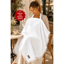 Zeypba 4 Katlı Müslin Beyaz Emzirme Örtüsü ve Puset Örtüsü 110x80 cm, %100 Pamuk Püsküllü (BALENLİ)
