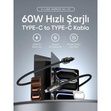 S-Link Armor Boyun Askılı Ac-01 60W 1.2 Metre Type-C To Type-C Örgülü Metal Başlıklı Siyah Şarj Kablosu