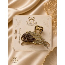 Yiora Premium Lüks Kristal Taşlı Gold Metal Kanat Mandal Toka