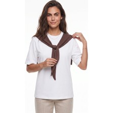 Onloox Beyaz Kahve Yumuşak Dokulu Bisiklet Yaka Oversize Omuz Şal Detaylı Kısa Kollu T-Shirt