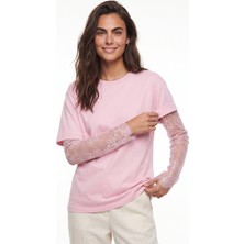 Onloox Pembe Pamuklu Bisiklet Yaka Oversize Transparan Dantel Uzun Kol Detaylı T-Shirt