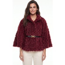 Onloox Bordo Yumuşak Dokulu Polyester Kumaş Kemer Detaylı Peluş Panço