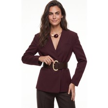 Onloox Bordo Esnek Dokulu Kruvaze V Yaka Modern Kesim Geniş Kemerli Astarlı Ceket