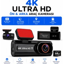 🚗 Hpytech 4K Ultra Hd Mini Araç Kamerası Ön ve Arka Çift Kameralı Wifi Gps Destekli Gece Görüşlü 64GB Hafıza Kartlı G-Sensörlü Araç Içi Kamera🚗