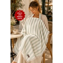 Zeypba 4 Katlı Müslin Yeşil Çizgili Emzirme Örtüsü ve Puset Örtüsü 110x80 cm, %100 Pamuk Püsküllü (BALENLİ)