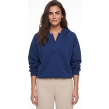 Onloox Lacivert Pamuklu V Yaka Düşük Omuz Kapişonlu Uzun Kollu Ribana Detaylı Sweatshirt
