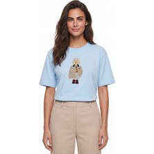 Onloox Bebe Mavisi Pamuklu Kısa Kollu Relaxed Fit Köpek Nakışlı Taş Işlemeli T-Shirt