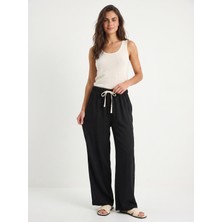 Onloox Siyah Polyester Kumaş Yüksek Bel Bol Kesim Beli Lastikli Bağlamalı Rahat Form Pantolon