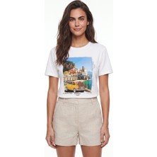 Onloox Beyaz Pamuklu Bisiklet Yaka Kısa Kollu Italy Temalı Baskılı Günlük Kullanıma Uygun T-Shirt
