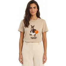 Onloox Bej Pamuklu Bisiklet Yaka Basic Rabbit Nakışlı ve Baskı Detaylı Kısa Kollu T-Shirt