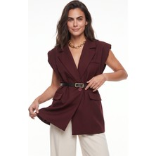 Onloox Bordo Pamuklu Karışım Oversize Vatkalı Cep Detaylı Kemerli Astarlı Blazer Yelek