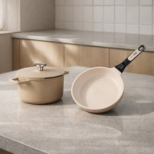 Berghoff Leo Phantom Kapaklı Yapışmaz Derin Tencere ve Kızartma Tavası - Bej - 24 cm