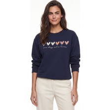 Onloox Lacivert Pamuklu Üç Iplik Şardonlu Bisiklet Yaka Kalp Baskılı Sweatshirt Sweatshirt