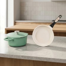 Berghoff Leo Phantom Kapaklı Yapışmaz Derin Tencere ve Kızartma Tavası - Yeşil / Bej - 24 cm