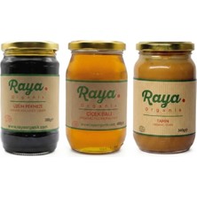 Raya Organik Organik Çiçek Balı 460 gr - Organik Tahin 340 gr - Organik Üzüm Pekmezi 380 gr 3'lü Set