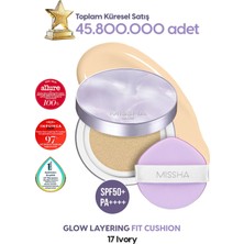 MISSHA Yoğun Kapatıcı, Nemli ve Parlak Bitişli Cushion Glow Layering Fit Cushion No,17 Ivory SPF50+/PA++++