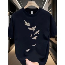 Tarz Yeri 20/1 Penye Compack Özgür kuşlar Baskılı Baskılı Oversize Bisiklet Yaka T-shirt - Beyaz -