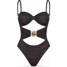 D Lingerie Noir À Motif Marron Ince Askı Mayo - DM3953