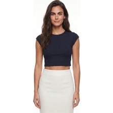 Onloox Lacivert Pamuklu Kaşkorse Bisiklet Yaka Kısa Kollu Basic Fitilli Crop Top T-Shirt