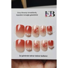 Easy Beauty 24 Adet Kısa Takma Tırnak Seti Küt Çiçek Desenli ve Taşlı. Yapıştırıcı Bant Hediyeli Z279